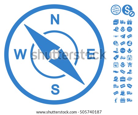 Compass pictograph with free bonus pictures. Vector illustration style is flat iconic symbols, cobalt color, white background.
