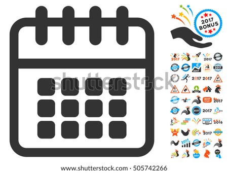 Spiral Calendar icon with bonus 2017 new year symbols. Glyph illustration style is flat iconic symbols,modern colors, rounded edges.