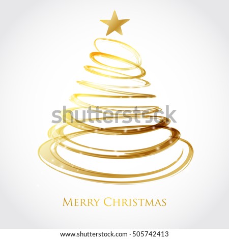 Christmas tree from gold spiral with star on top. Card design. Holiday vector background.
