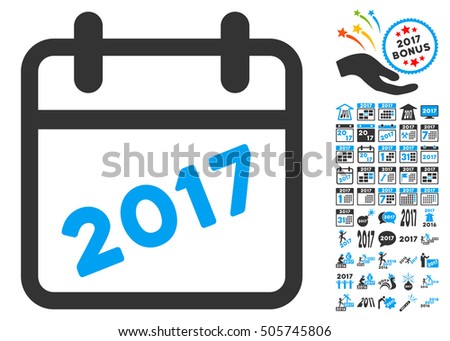 2017 Calendar pictograph with bonus 2017 new year pictograph collection. Glyph illustration style is flat iconic symbols,modern colors.