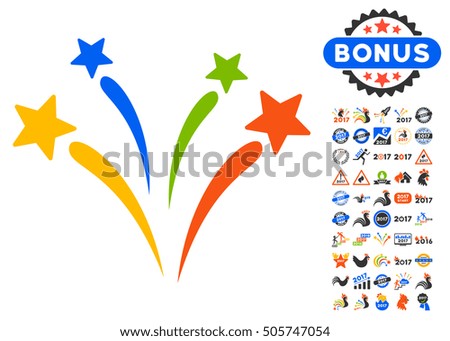 Fireworks icon with bonus 2017 new year icon set. Glyph illustration style is flat iconic symbols,modern colors.