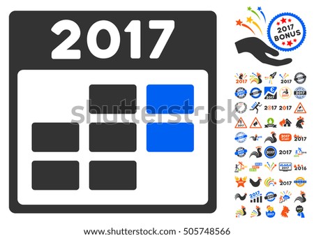 2017 Month Calendar pictograph with bonus 2017 new year symbols. Glyph illustration style is flat iconic symbols,modern colors.