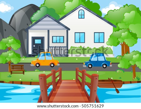 Two cars parked in front of house illustration