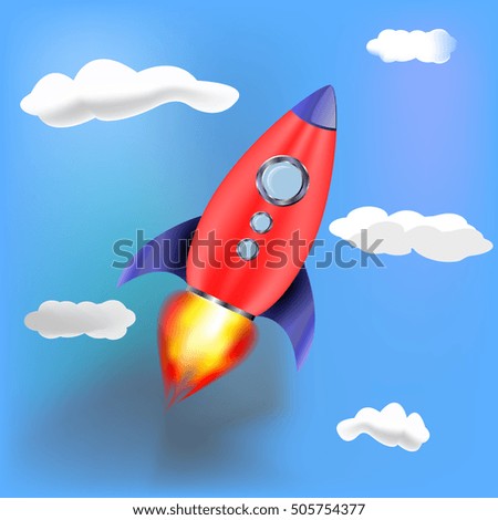 Illustration of a cartoon rocket spaceship with sky background and clouds
