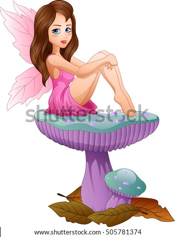 Cartoon cute fairy sitting on mushroom, 