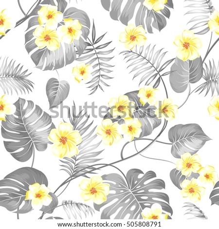 Tropical flowers and jungle palms. Beautiful fabric pattern with a tropical plumeria isolated over gray background. Seamless texture. Vector illustration.