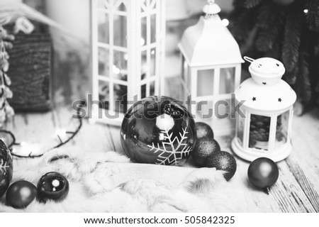 White black of New Year Holiday Celebration Christmas decorations with balls lantern on fir tree background, white candles decor, Xmas, Studio, Stock, Design, Production, Calendar, Texture, Objects