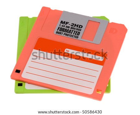 Floppy disk magnetic computer data storage support isolated over white background