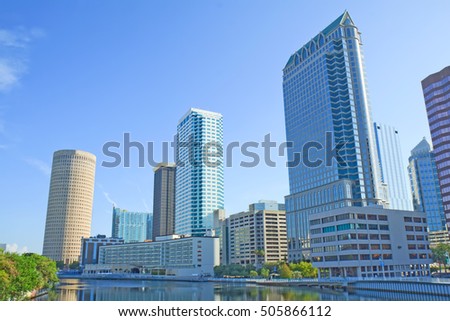 Partial Tampa, Florida skyline with Riverwalk Park and commercial buildings