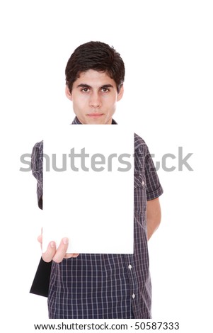 casual man holding an add isolated over a white background