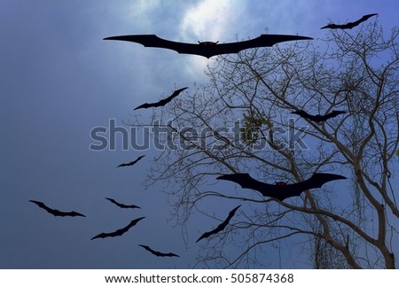 Halloween day bat Vampire flying horrifying in  forest and sky for background with copy space for add text