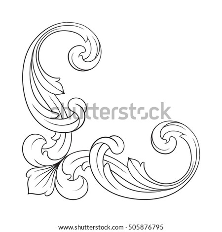 Vintage baroque corner scroll ornament engraving corner floral retro pattern antique style acanthus foliage swirl decorative design element filigree calligraphy. Isolated corner element of Design.