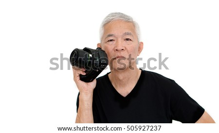 Asian senior man start on photography as hobby on free time white isolate background