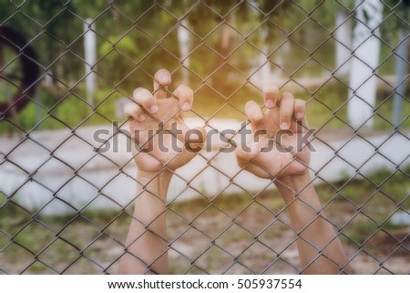 Two hand with metal fence, feeling no freedom