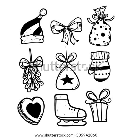 doodle christmas icons set with outline