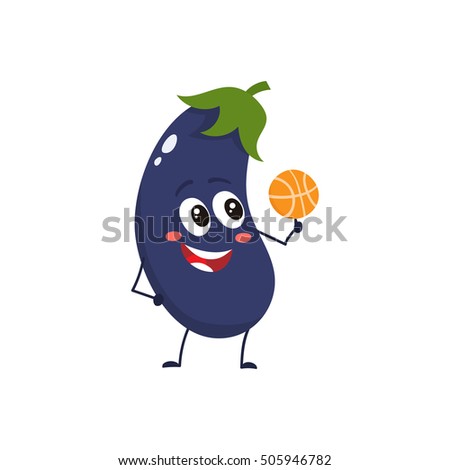 Cheerful smiling eggplant spinning a basketball on its finger, cartoon vector illustration isolated on white background. Cute funny eggplant character with a basketball, doing sport