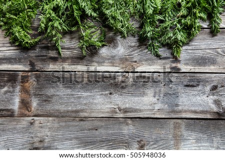 line of tops of carrots or green vegetable leaves on old wooden background for simple authentic genuine gardening or healthy vegetarian menu, above view, copy space