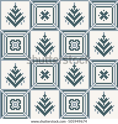 Christmas seamless square pattern with snowflake, tree and diagonal strips. White pixel images with light and dark blue background. Ideal for wrapping paper.