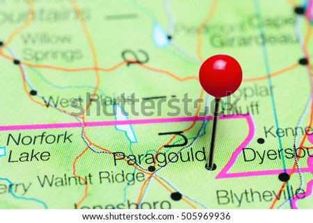 Paragould pinned on a map of Arkansas, USA
