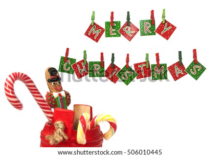 Decoration for Christmas with hanging letters and some candies
