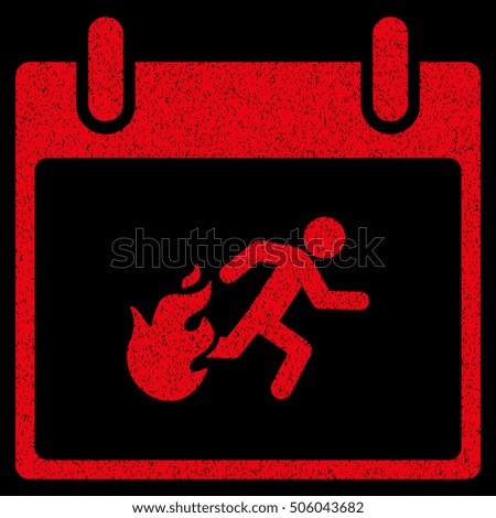 Fire Evacuation Man Calendar Day grainy textured icon for overlay watermark stamps. Flat symbol with scratched texture.