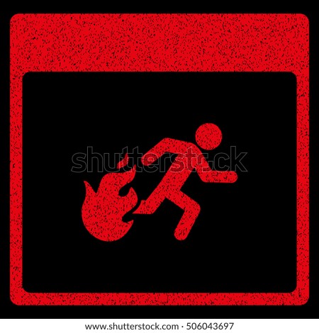 Fire Evacuation Man Calendar Page grainy textured icon for overlay watermark stamps. Flat symbol with scratched texture.