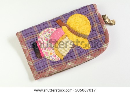 Quilt wallet bag, girl doll pattern. Japanese handcraft. Signed property release.