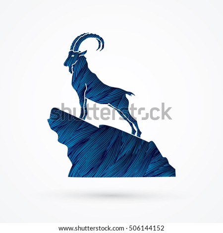 Ibex standing on the cliff designed using blue grunge brush graphic vector. Royalty-Free Stock Photo #506144152