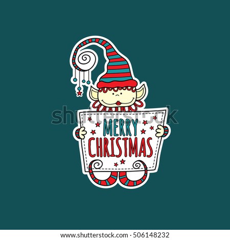 Merry Christmas Elf Holding Sign Vector Bright
Cute christmas elf holding a sign with the words merry christmas and stars on a dark green background, vector illustration.
