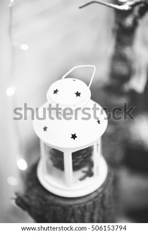 Black and white photo of New Year Holiday Celebration Christmas decorations with red balls lantern on fir tree background, candles decor, Xmas, Studio, Stock, Design, Production, Texture, Object