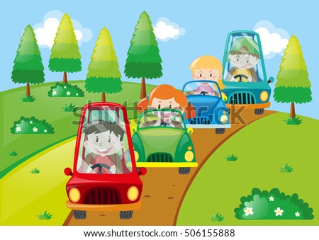 Children driving cars in the park illustration