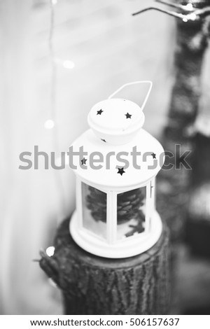 White and black photo of New Year Holiday Celebration Christmas decorations with red balls lantern on fir tree background candles decor, Xmas, Studio, Stock, concept, Design, Texture, Objects, 2017