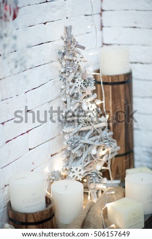 New Year Holiday Celebration Christmas decorations with white balls lantern on fir tree background, white candles decor, Xmas, Studio, Stock, concept, Design, Production, Texture, Objects, 2017