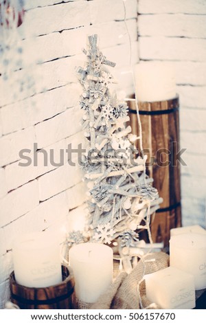 New Year Holiday Celebration Christmas decorations with lantern on fir tree background, white candles decor, Xmas, Studio, Stock, concept, Design, Production, Texture, Objects, 2017 vintage