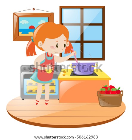 Girl cooking in the kitchen illustration