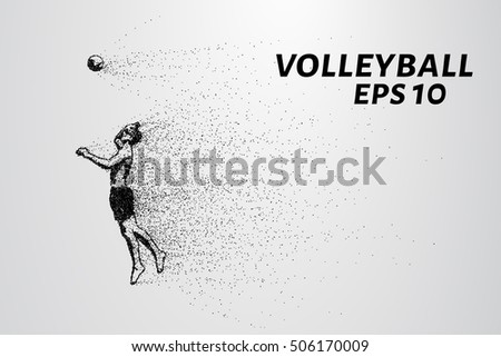 A volleyball of particles. A silhouette of a player consists of small circles and dots.
