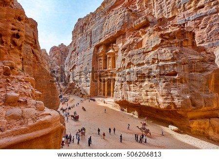 The temple-mausoleum of Al Khazneh in the ancient city of Petra in Jordan Royalty-Free Stock Photo #506206813