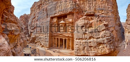 The temple-mausoleum of Al Khazneh in the ancient city of Petra in Jordan Royalty-Free Stock Photo #506206816