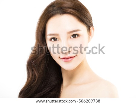 closeup young beautiful woman face on white background