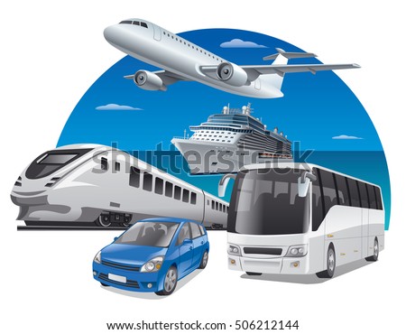 transport for travel, car, train, bus, cruiser and airplane Royalty-Free Stock Photo #506212144