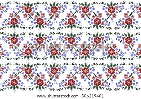 Seamless white background from embroidery bouquets with red and purple flowers and leaves 
