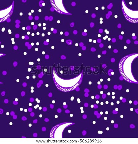 Cartoon crescent vector pattern hand drawn doodle design in white and violet on dark purple background flat seamless repeat pattern of night sky