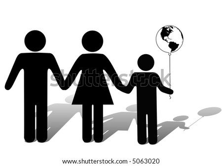 A family, a kid holds the earth in hand as a balloon, symbol that kids are hope for the future of the world.