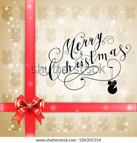 Lettering Merry Christmas. Christmas symbols and beautiful gift boxes with ribbons. Holiday calligraphy
