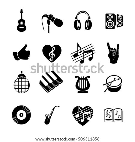 Vector set musical flat web icons. Black and white icons with long shadow for internet, mobile apps, interface design