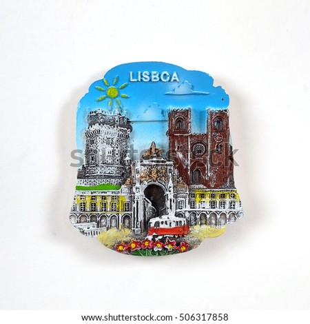 Magnetic souvenir from Lisbon (Portugal) with views of the city. The inscription means "Lisbon" in English