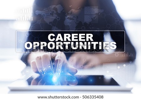 Woman is using tablet pc, pressing on virtual screen and selecting career opportunities