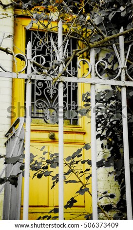Vintage wooden door in rural house seen through overgrown forging fence. Yellow grey toned photo.