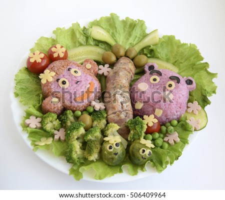 The monkey and hippopotamus are made of rice. Creative food for good mood and appetite. 
