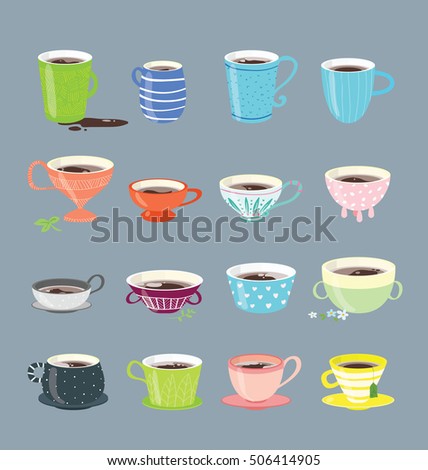Vector design elements of the different coffee cups. Different  sizes and shapes of the mugs arranged on the gray background.
Modern colors and flat design.